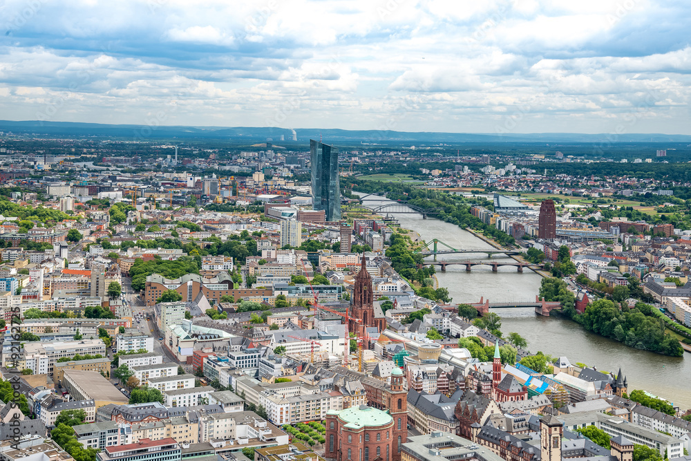 Naklejka premium Summer panorama of the financial district in Frankfurt, Germany