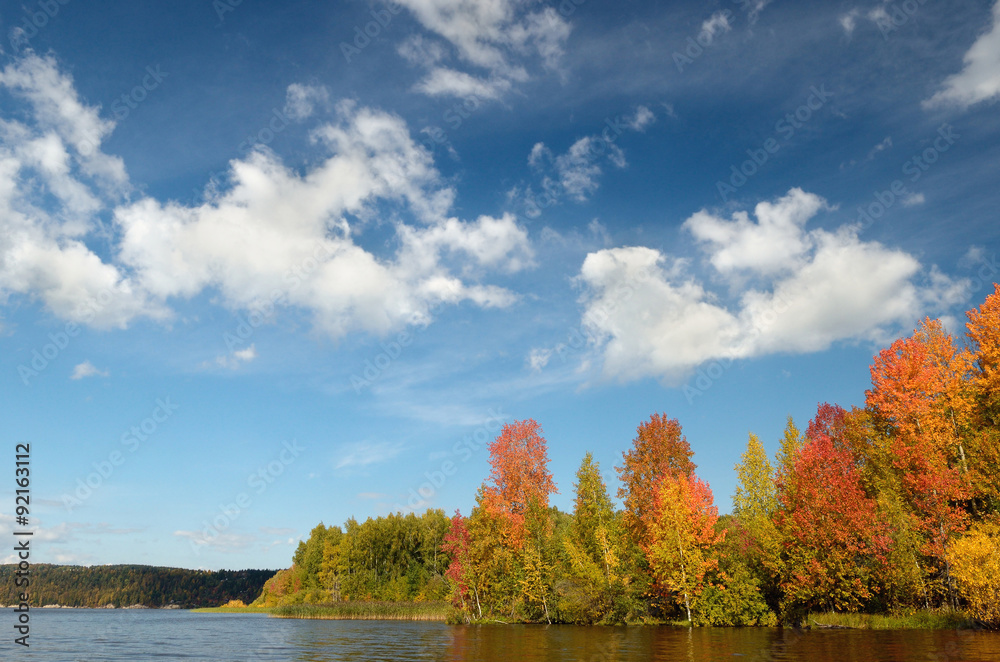 colorful autumn forest lake river sky clouds Cirrus