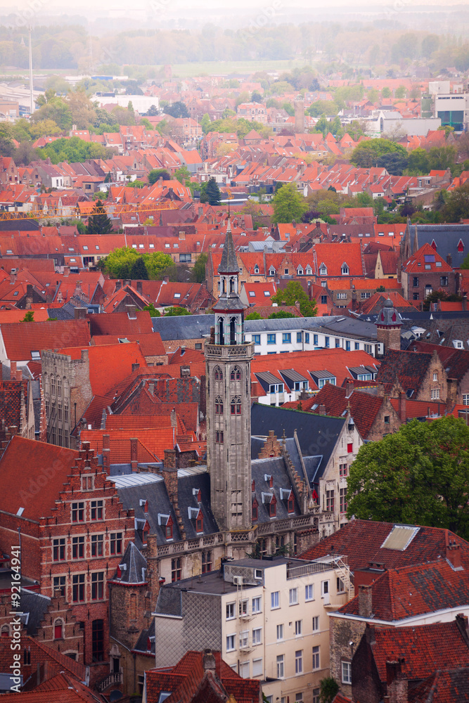View from top of the Bruges cityscape in summer