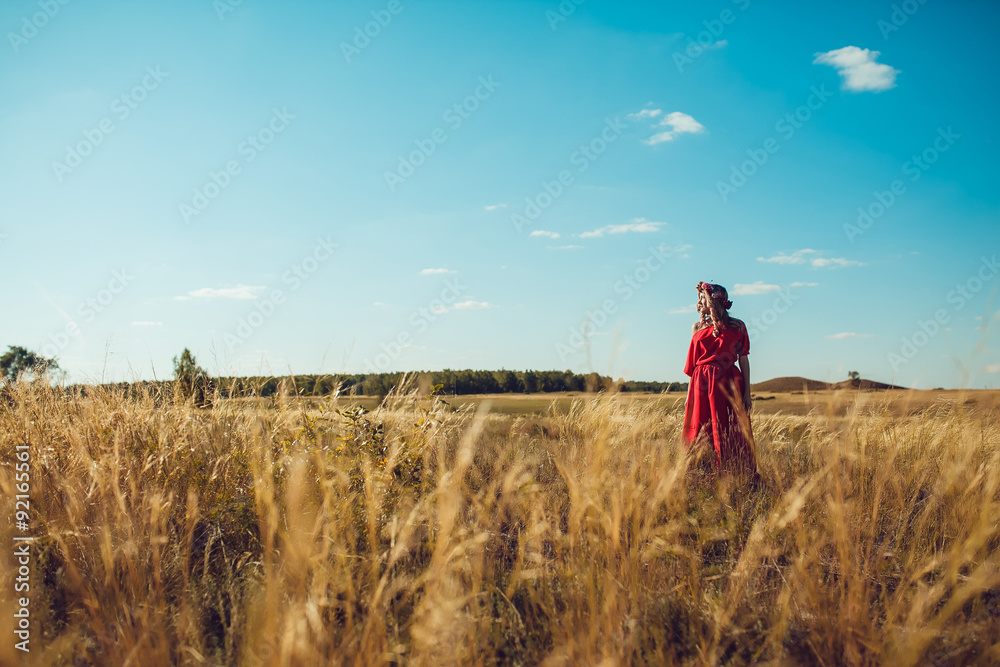 Girl in the Red Dress is Walking on the Field Girl in the Red Dress is Walking on the Field
