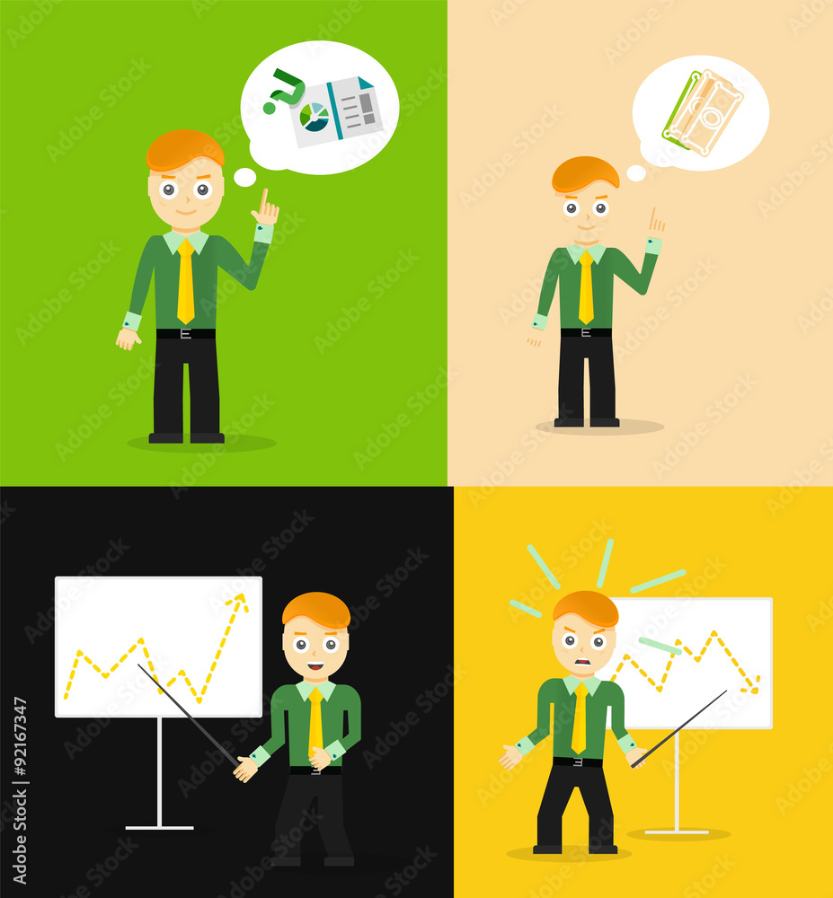 Set of cute cartoon young businessmen. Idea concept and finance Set of cute cartoon young businessmen. Idea concept and finance