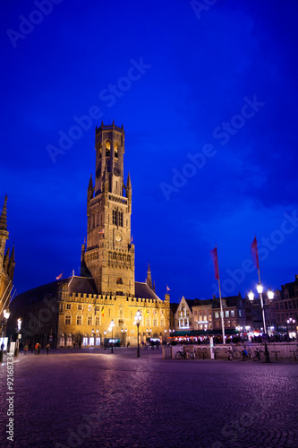 Belfry of Bruges and Grote Markt night view