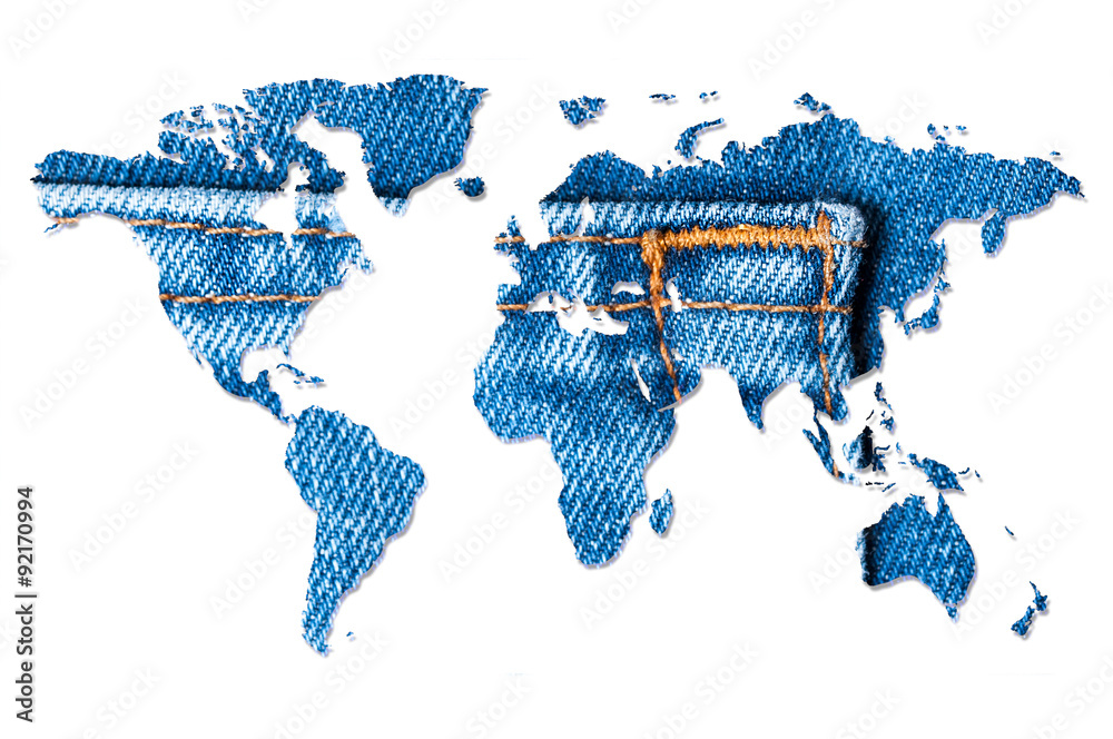 Naklejka premium World map. Blue jeans texture. White background.