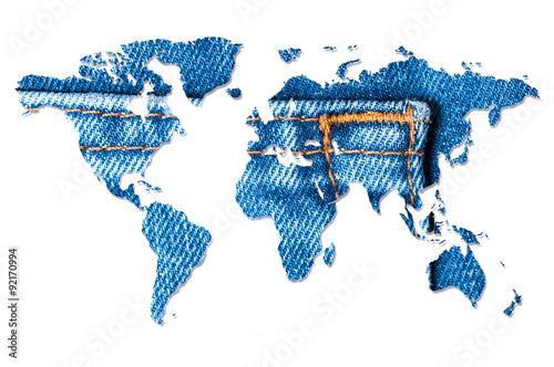 World map. Blue jeans texture. White background.