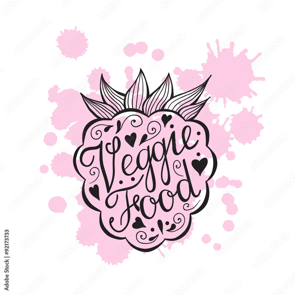 Fototapeta premium Silhouette raspberry with text, vegetarian food.