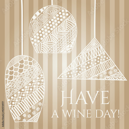 Vector card of lacy vintage wine, vermouth and champagne glasses on retro background with stripes