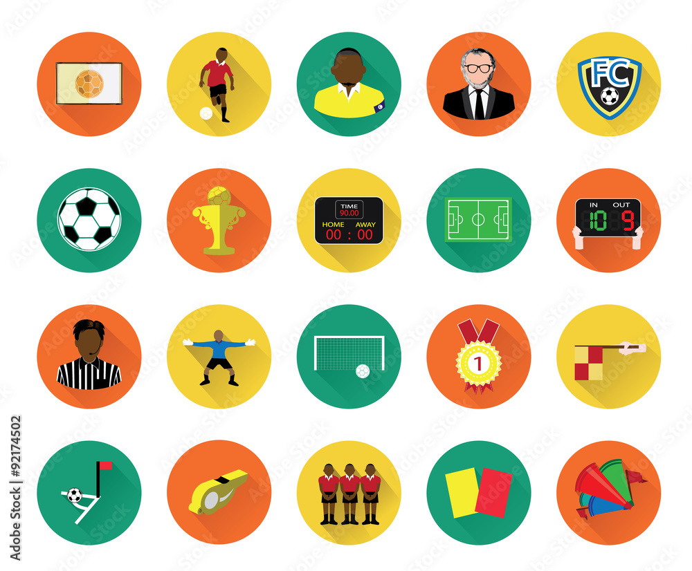 Modern flat soccer icons set with long shadow effect Modern flat soccer icons set with long shadow effect