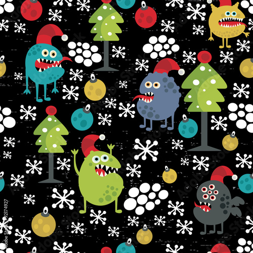 Cute monsters and Christmas seamless pattern.