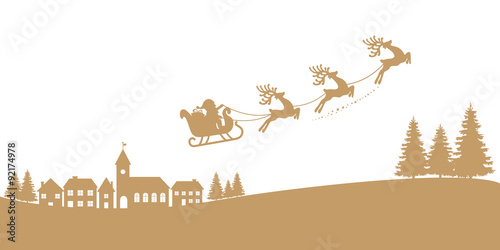 santa sleigh reindeer flying gold silhouette