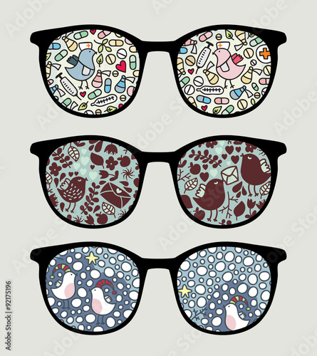 Retro sunglasses with funny birds reflection.