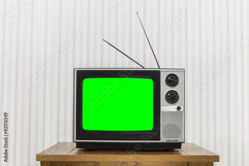 Old Television On Wood Table With Chroma Key Green Screen