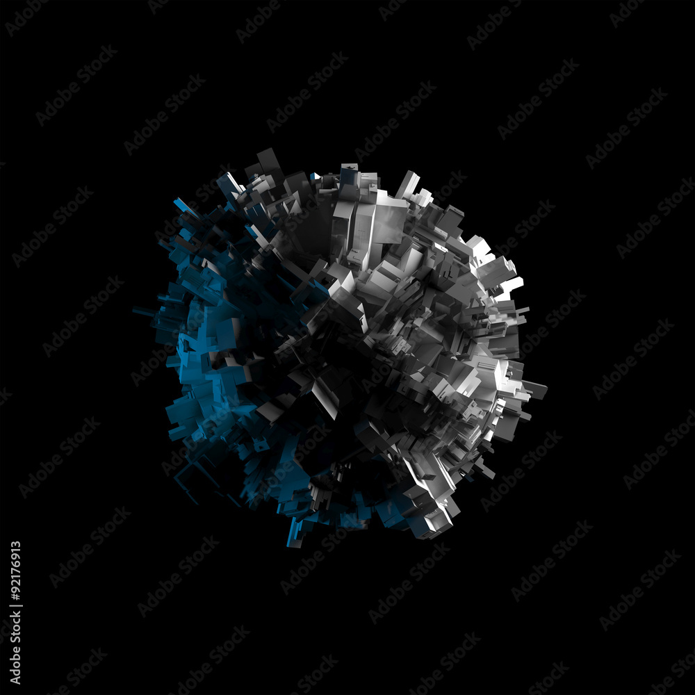 Fototapeta premium Abstract flying spheric object isolated on black, 3d