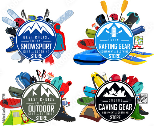 vector outdoor rafting caving snowsport gear store emblem set