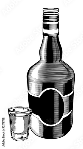Whiskey Bottle and Shot Glass is an illustration of a bottle and a shot glass done in a vintage engraved style.