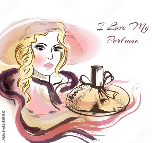 Beautiful sensual blonde with bottle of perfume. I love my perfu
