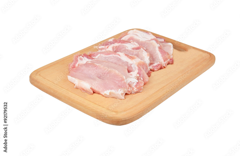 Raw meat steaks on wooden board, isolated on white background Raw meat steaks on wooden board, isolated on white background