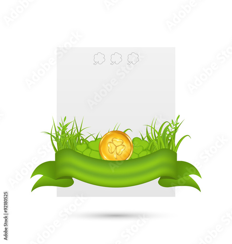 Natural card with coin, shamrocks, grass, ribbon - for St. Patri
