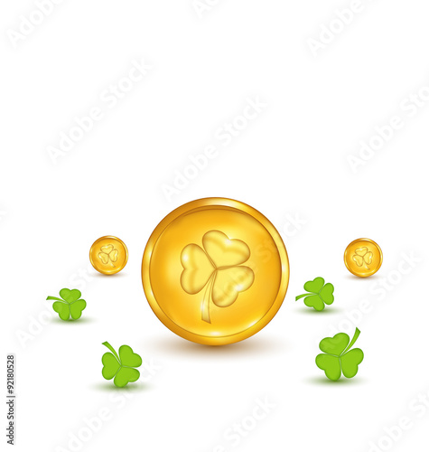 Clovers and coins with shadows on white background for St. Patri