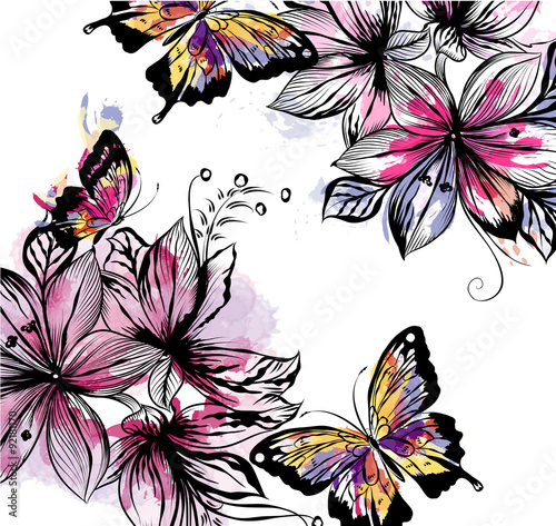 Floral illustration with vector flowers and butterflies  in wate