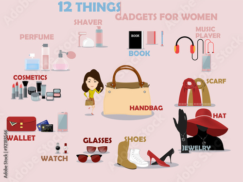 beautiful graphic design of 12 gadgets for women: shaver,perfume,cosmetics,wallet,watch,glasses,shoes,jewelry,hat,scarf,music player,book