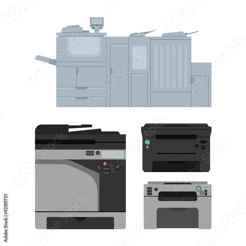 Set of color laser printer in vector. Digital print machine design. Color copy and printing equipment. Office hardware collection.
