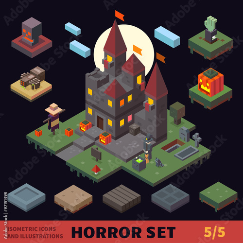 Isometric horror vector flat tiles and objects compilation. Creepy castle, graveyard, pumpkin field, scarecrow.witch, spider, skull, zombie hand. For halloween, horror games and cartoons.