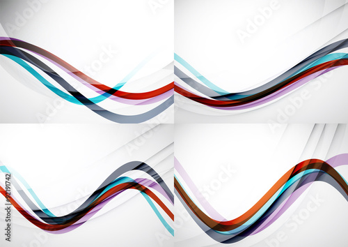 Set of abstract backgrounds. Curve wave lines with light and