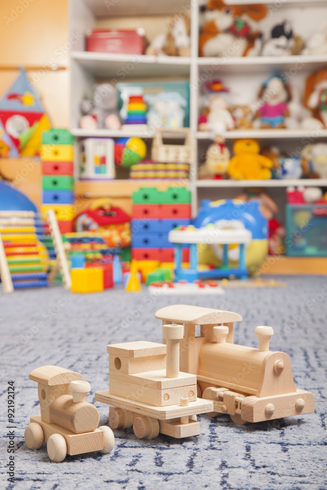 wooden train in the play room wooden train in the play room