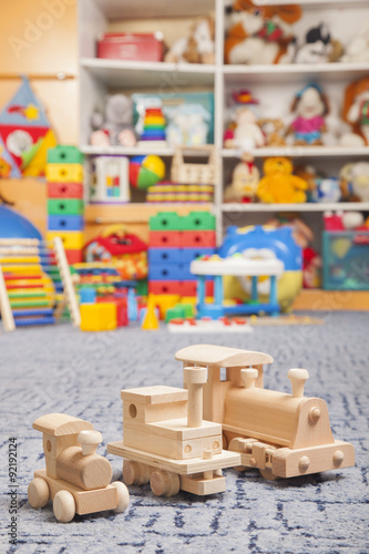 wooden train in the play room
