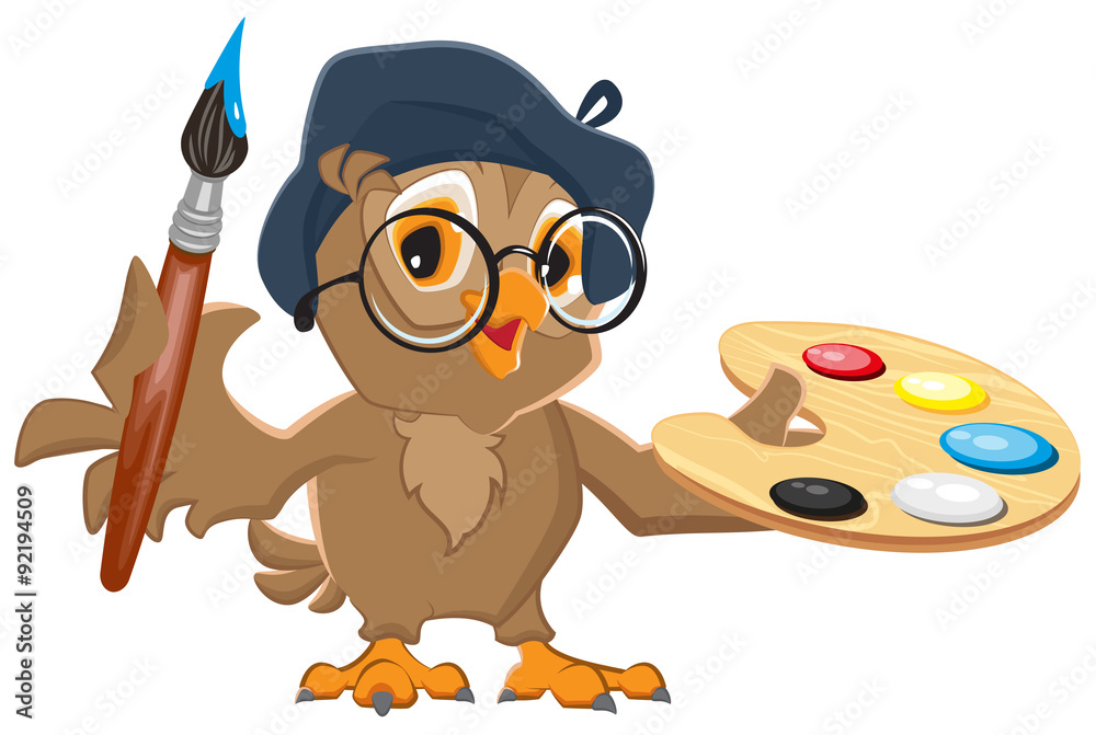 Obraz premium Owl artist holding brush and palette