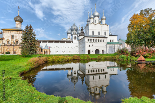 Reflection of church in pond in Rostov Kremlin