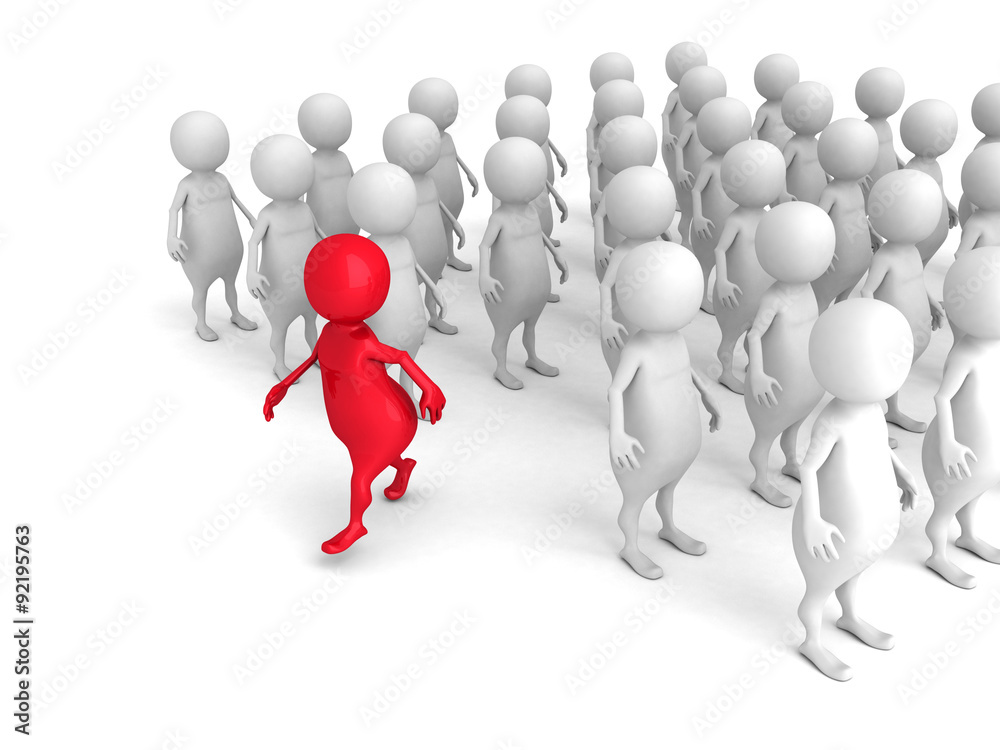 Red 3d Person Out From Crowd. Individuality Leadership Concept Red 3d Person Out From Crowd. Individuality Leadership Concept