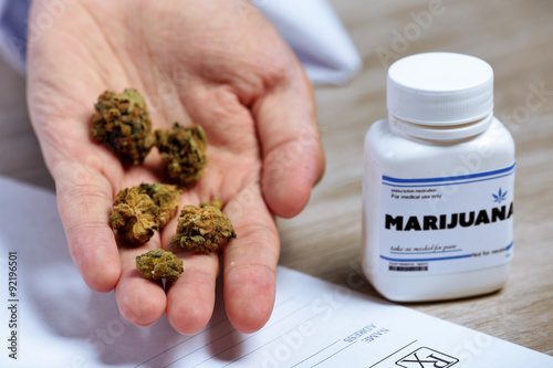 Doctor hand holding dry medical cannabis on table close up