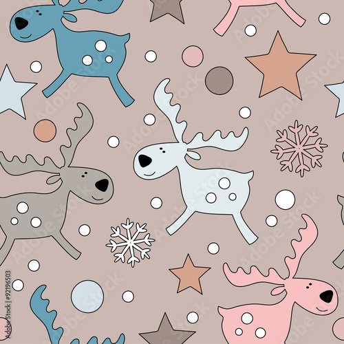 Seamless Christmas background with deer and stars
