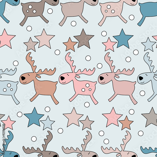 Seamless Christmas background with deer and stars