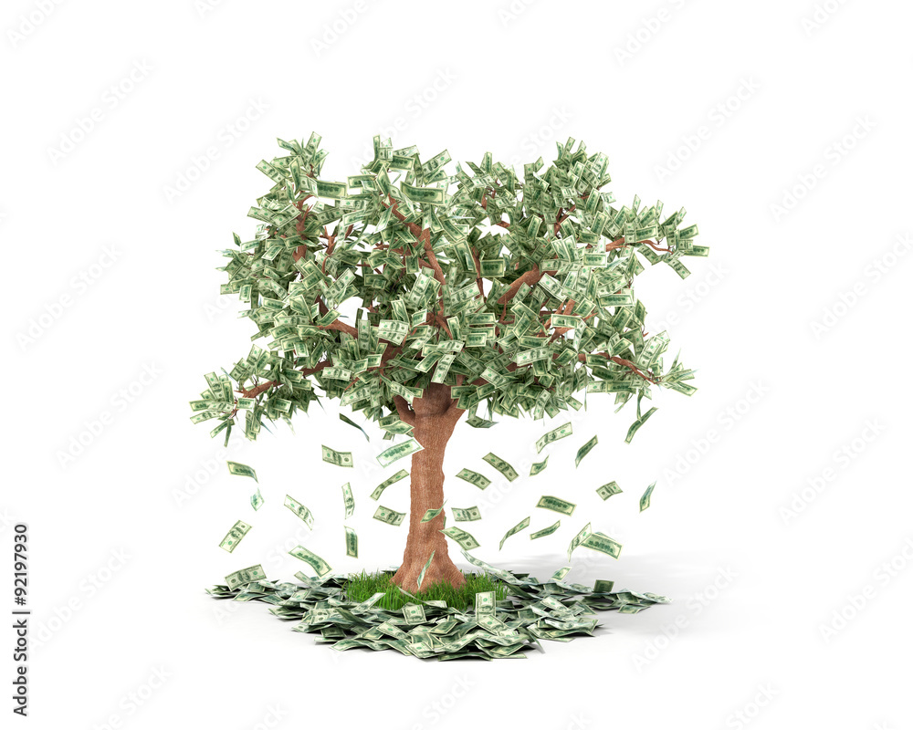 Money tree with hundred dollar bills growing on it and lying on