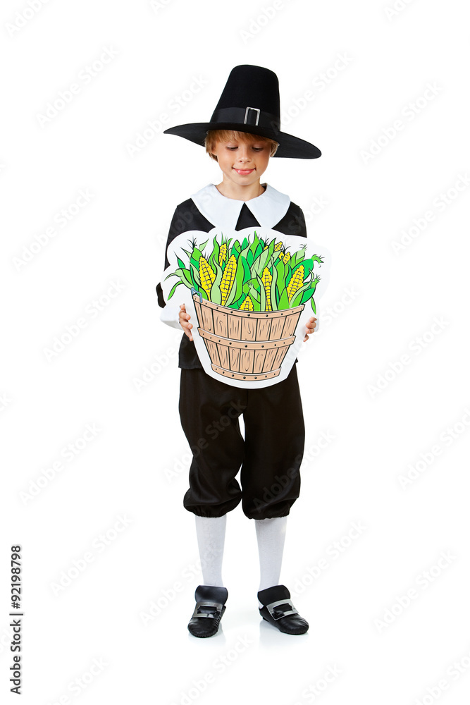Thanksgiving: Pilgrim Looking at Corn in Basket