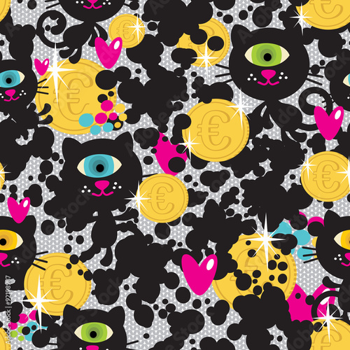 Cute monsters cats and money seamless pattern.