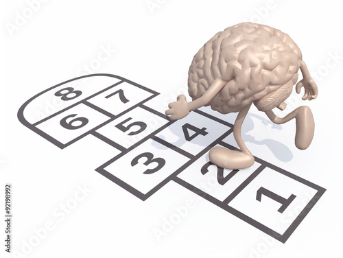 Human brain with arms and legs play hopscotch