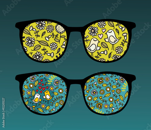 Retro eyeglasses with cute birds reflection.