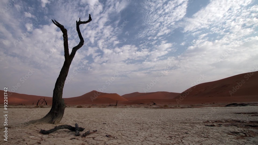 Cloud time lapse over parched tree in the dried up lake at Dead Vlei in Namibia. There are sand dunes surrounding the dried up salt pan. Cloud time lapse over parched tree in the dried up lake at Dead Vlei in Namibia. There are sand dunes surrounding the dried up salt pan.
