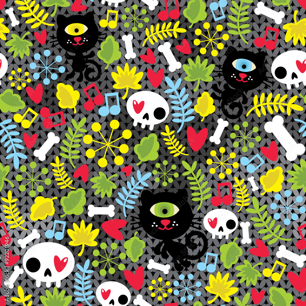 Cute monsters cats and skulls in love.