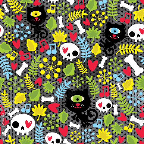 Cute monsters cats and skulls in love.