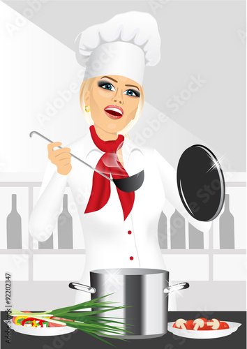 smiling female chef, cook or baker cooking