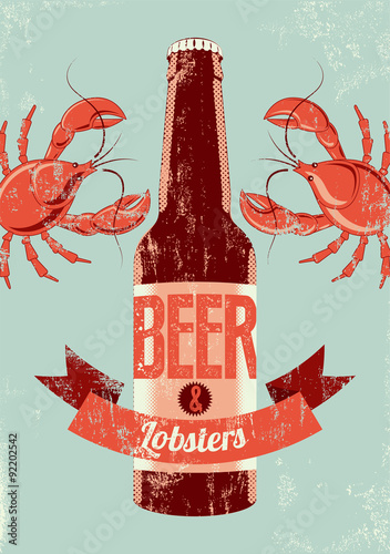 Typographic retro grunge beer poster with lobsters. Vector illustration.
