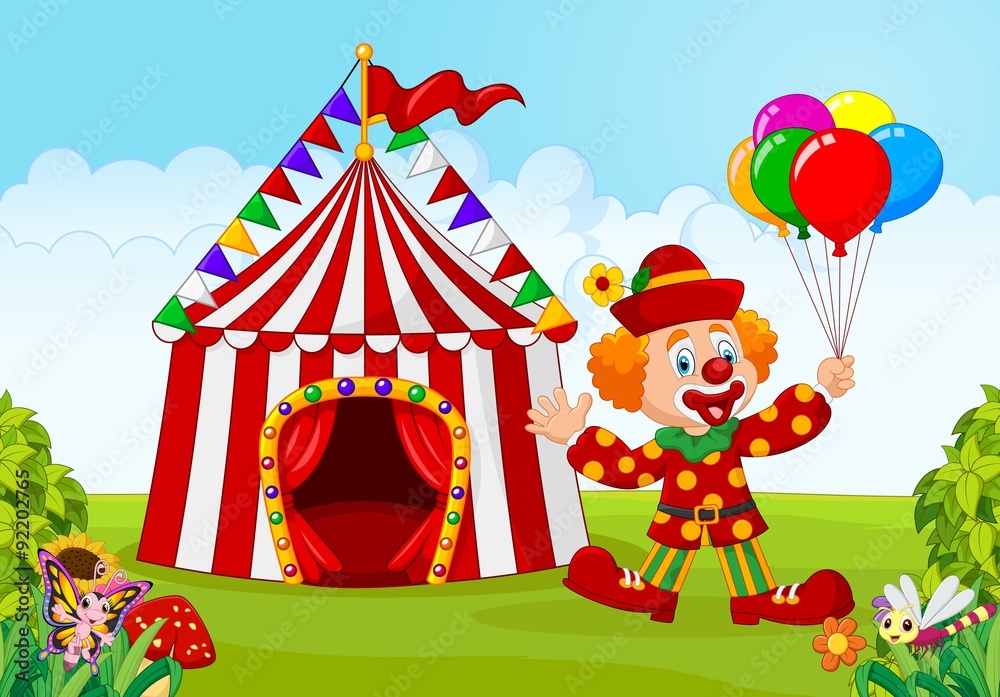 Circus tent with clown holding balloon in the green park Circus tent with clown holding balloon in the green park