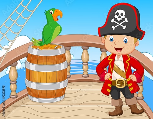 Cartoon pirate on the ship with green parrot