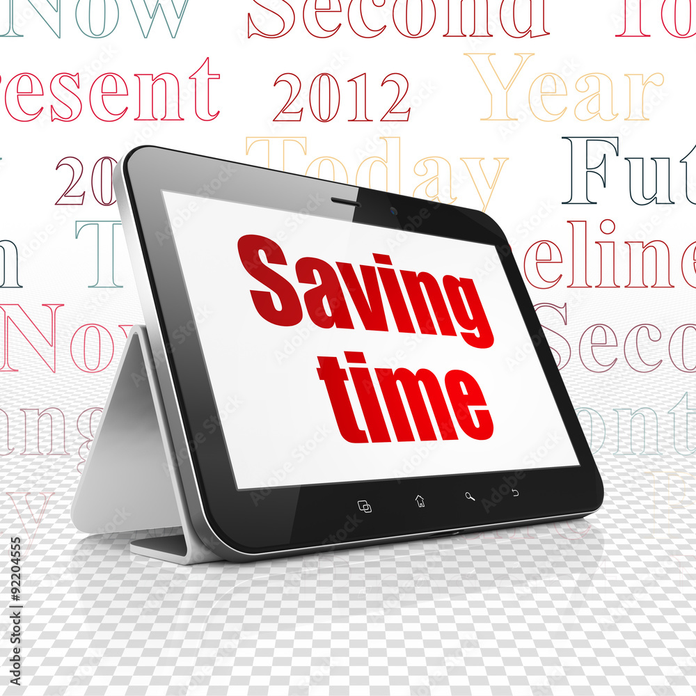 Timeline concept: Tablet Computer with Saving Time on display Timeline concept: Tablet Computer with Saving Time on display