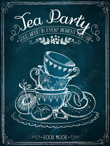 Retro illustration Time Party with cups and bakery