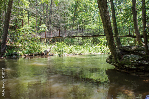 Rope Bridge and River - A Brown Bridge Constructed of Ropes and Wood Crosses Over a Small River and Into the Green Central Pennsylvania Forest